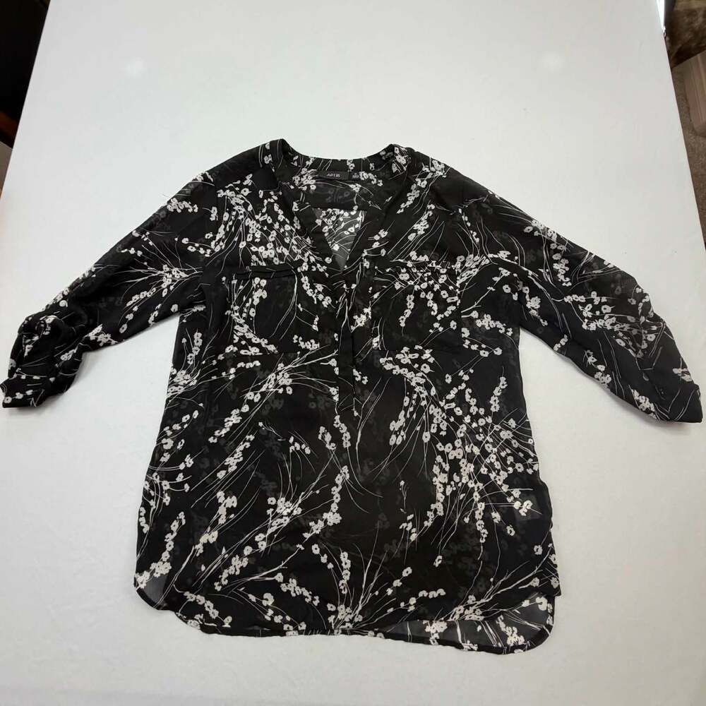 Apt. 9 Black and White Floral Print Chiffon Button-Up Tunic Blouse